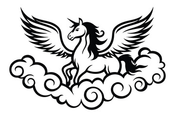 Pegasus with Wings in Clouds on White Background