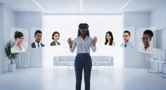 A woman wearing a vr headset stands in a minimalist office, surrounded by floating avatars of diverse colleagues, experiencing virtual reality