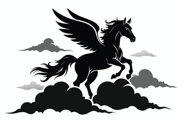 Pegasus with Wings Prancing on Clouds with White Background
