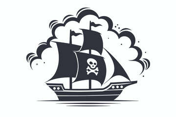 Pirate Ship Icon with Skull and Bones on Sail Over White Background