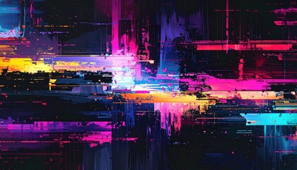 Abstract Glitch Art Background with Vibrant Blue Pink and Yellow Horizontal Lines and Pixelated Details Digital Malfunction Aesthetic Design Dark Theme