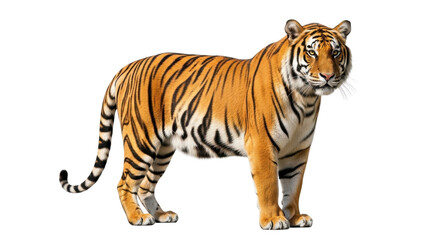 Obraz premium Majestic adult tiger standing, powerful striped wild animal isolated PNG with Transparent Background