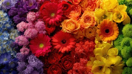 Fototapeta premium Rainbow Floral Arrangement Close up View of Vibrant Flowers