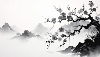 Serene black and white ink wash painting of a blossoming plum tree over a misty mountain landscape.