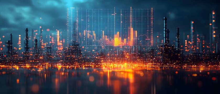 Futuristic industrial cityscape at night with a glowing digital graph visualizing economic data and manufacturing trends