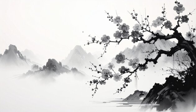 Serene black and white ink wash painting of a blossoming plum tree over a misty mountain landscape.