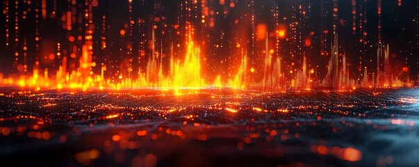 Futuristic digital data streams and glowing particles form an abstract landscape symbolizing technology and energy flow