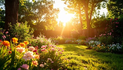 Obraz premium Golden sunset light shining through trees in a beautiful lush garden with colorful flowers.
