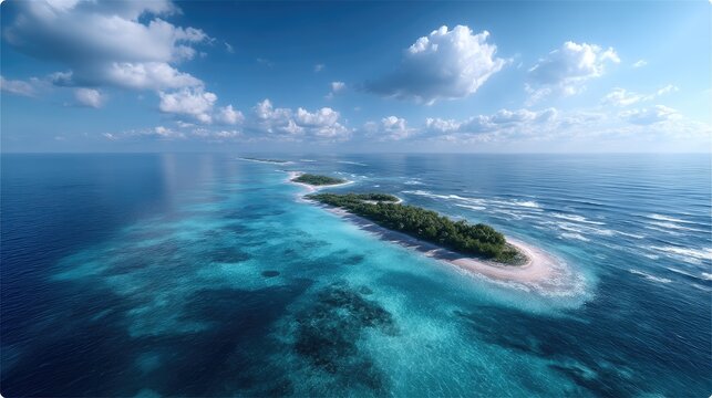 Aerial View of Tropical Island Chain with Turquoise Water and White Sandy Beaches Under Blue Sky with Clouds