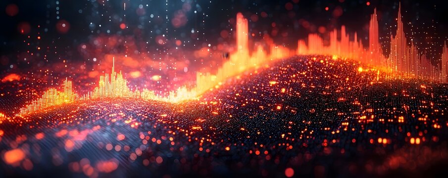 Futuristic digital landscape with glowing city like structures and intricate data patterns