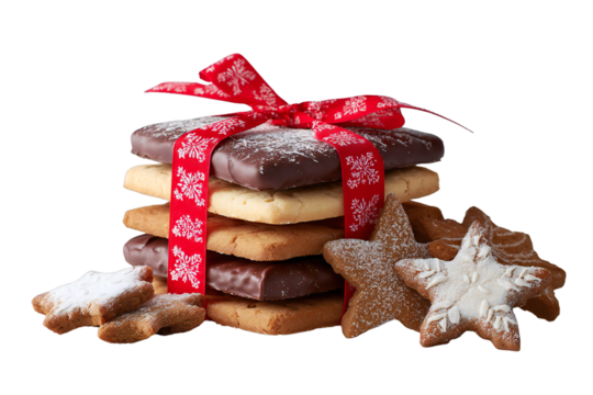 Stack of Christmas Cookies with Red Ribbon and Star Shaped Biscuits Isolated on White Background