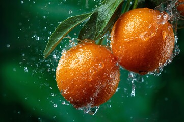 Close up of two ripe juicy kumquats with water droplets splashing on their textured skin hanging from a branch with green leaves