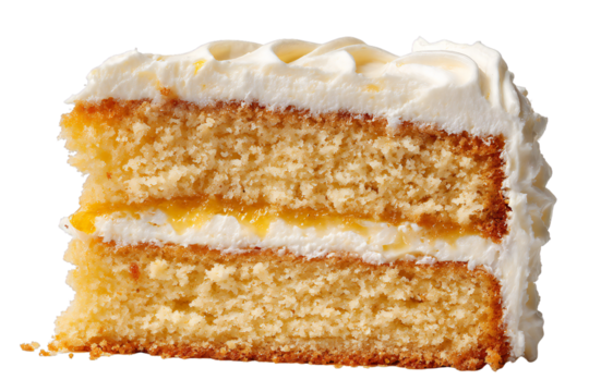 Slice of Sponge Cake with Cream and Jam Filling Isolated on White Background