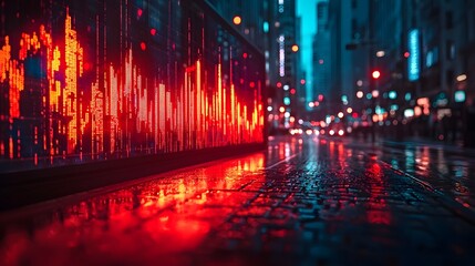 A dynamic red graph illuminates wet neon lit city street at night