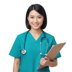 Smiling asian healthcare professional wearing teal scrubs and stethoscope holding a clipboard isolated on transparent background