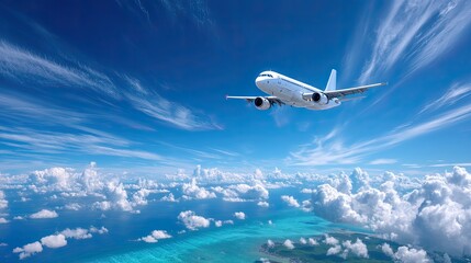 Naklejka premium Aeroplane Flying Through Clear Blue Sky with Fluffy Clouds Over Tropical Turquoise Waters Aerial View