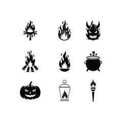 fire and Halloween silhouette icons set – campfire, cauldron, jack-o'-lantern, torch, spooky flame, lantern, demon face on white background