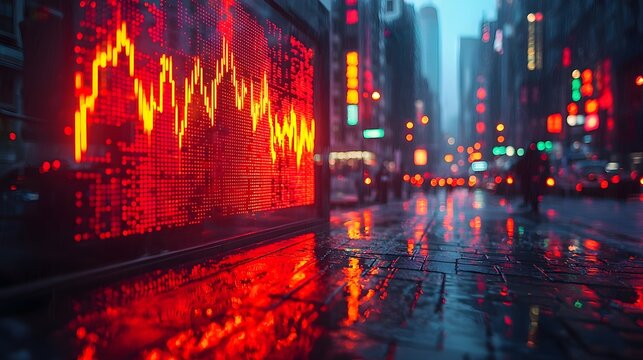 A vibrant red market graph displayed on a digital screen in a rain slicked neon lit city street at night symbolizing financial flux - Powered by Adobe
