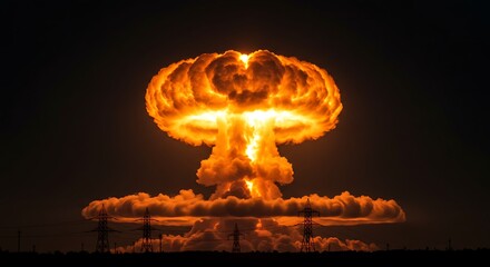 A massive, glowing mushroom cloud from a nuclear explosion looms over a desolate landscape at night