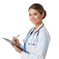 Smiling female doctor wearing white coat and stethoscope holding clipboard and pen writing notes isolated on transparent background