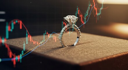 A diamond ring rests on a jewelry box, overlaid with a financial market graph, showcasing the fluctuating value of precious gems.