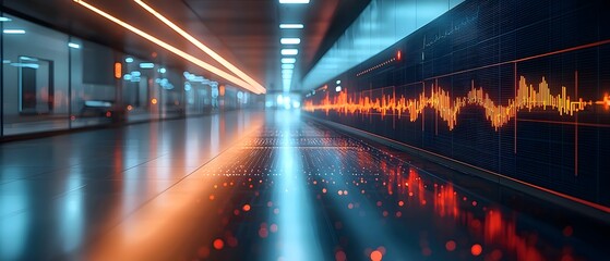 Futuristic digital corridor with glowing lights and a vibrant waveform data visualization on a screen