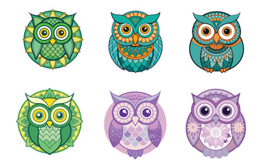 A fun collection of cartoon owl characters on a branch, perfect for children's art and designs