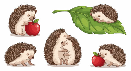 Adorable Cartoon Hedgehogs with Apples and Leaf, Illustration.