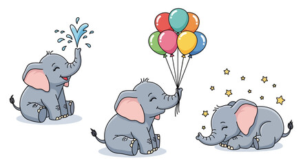 Cartoon Elephants with Balloons, Water, and Stars Illustration