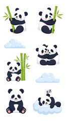Charming collection of cute cartoon panda bears in various poses, sleeping, hugging, and holding bamboo.