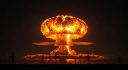 A massive, glowing mushroom cloud from a nuclear explosion looms over a desolate landscape at night