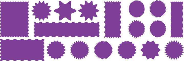 Geometric shapes with scallop and zigzag edges set. Circle shapes & star shapes offer price tag, rounded starburst zigzag badge, discount and sale label stickers, circle sticker, wavy edge.