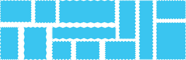 Postage stamp borders set vector. Silhouette stickers circle, square, oval and rectangle labels.  Set of frames with zigzag edge, scallop edge shapes .