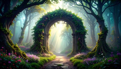 Enchanting forest archway. Sunlight filters through