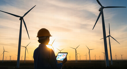 Silhouette of a person in a hard hat looking at a tablet amidst a wind farm at sunset, representing renewable energy, technology, and sustainable power generation