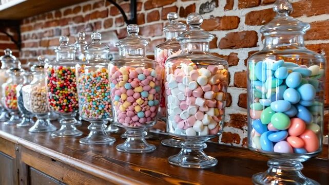 A row of glass jars filled with lots of different colored candies