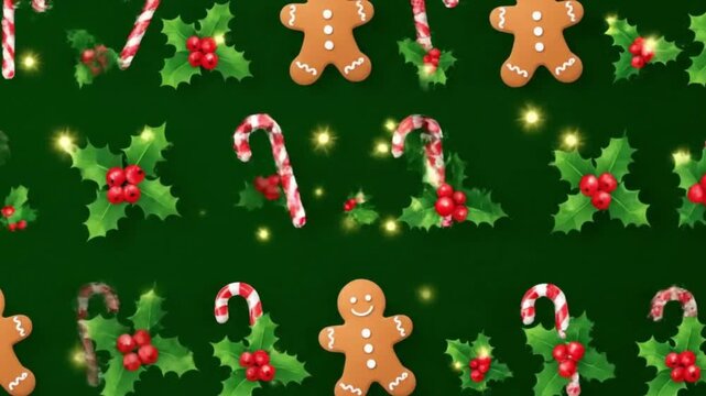 Festive Christmas Pattern Adorable gingerbread men, candy canes, and holly berries create a joyful holiday design background