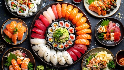 An elaborate and colorful sushi platter feast with various nigiri and maki rolls.