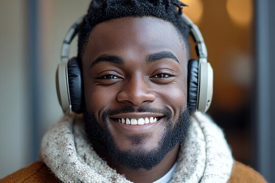 Close up photo of an African American man wearing headphone, Generative AI