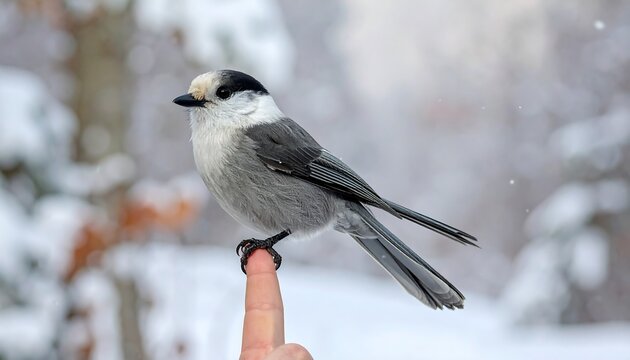 A gray jay perches delicately on a fingertip against a snowy winter backdrop.