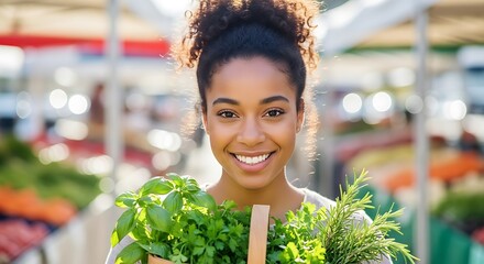 Smiling woman holding a basket of fresh green herbs and vegetables at an outdoor market