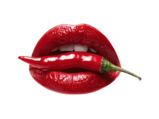Red Lips Biting a Chili Pepper Hot and Spicy isolated on a white background