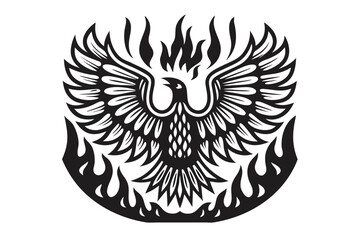 Rising Phoenix Bird Silhouette Logo with Fire and Wings on White
