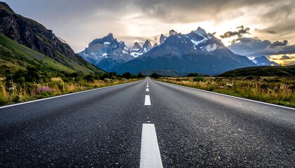 Fototapeta premium Empty road leading to dramatic mountain peaks