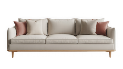 Modern cozy sofa with soft cushions, minimal design, Isolated on white and transparent background