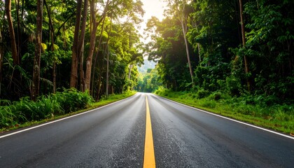 Obraz premium Empty road through lush green forest (1)