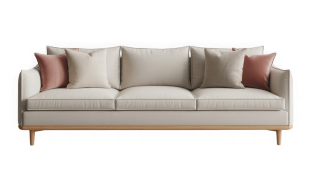 Modern cozy sofa with soft cushions, minimal design, Isolated on white and transparent background