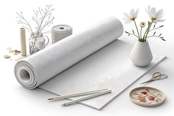 Rolled lace fabric with floral design and crafting supplies