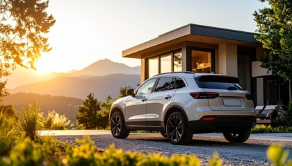Luxury white SUV parked in the driveway of a modern mountain home at sunset.