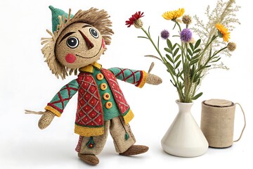 Handmade scarecrow doll with colorful outfit and wildflowers in vase